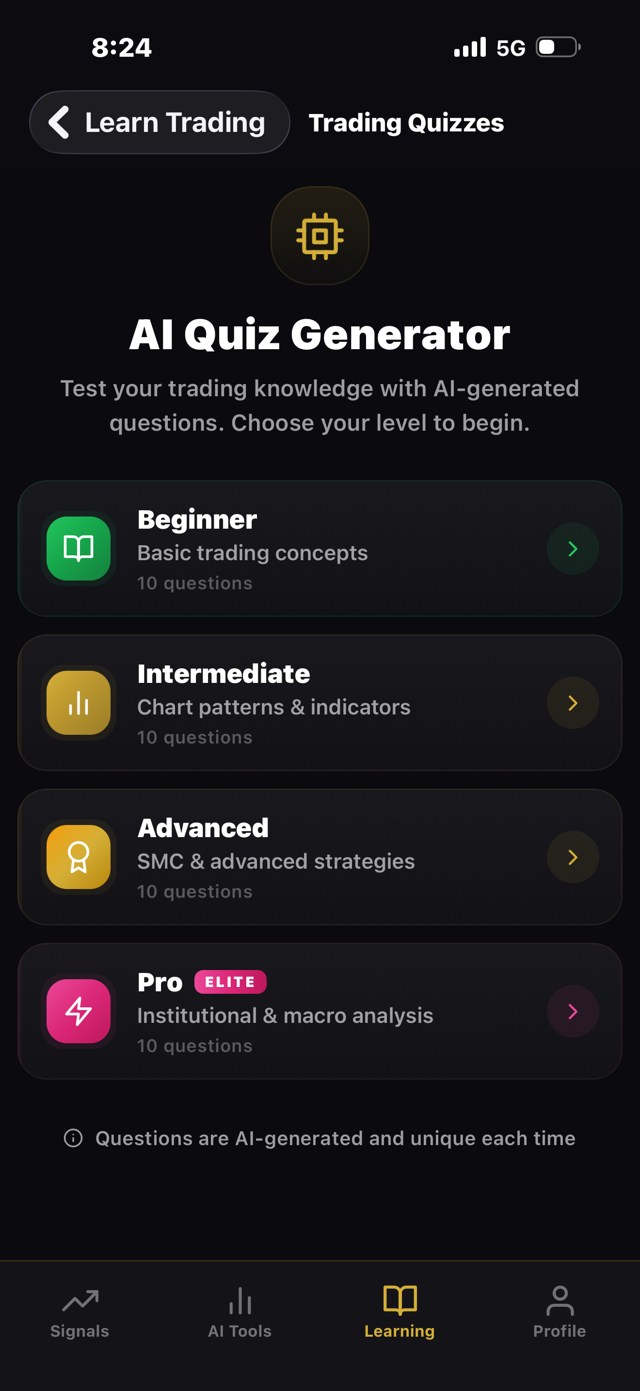 AI-generated trading quiz testing forex knowledge