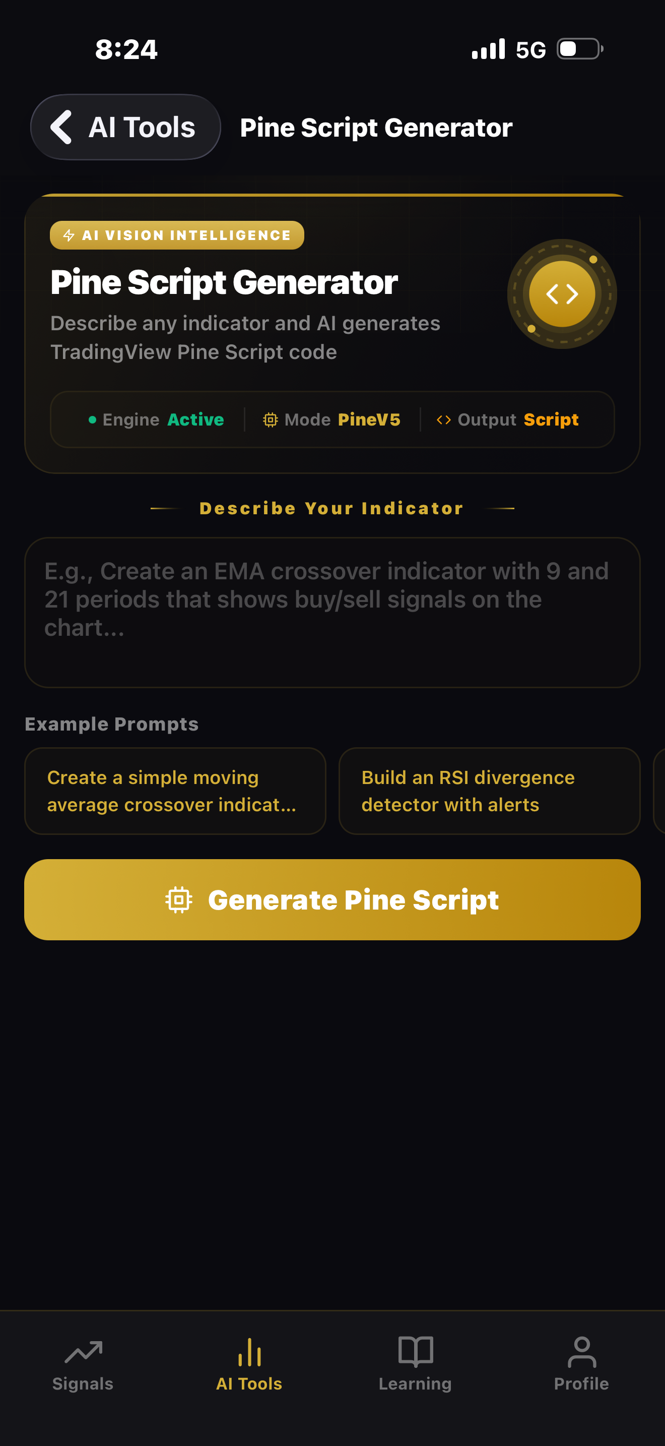 AI Pine Script code generator for TradingView