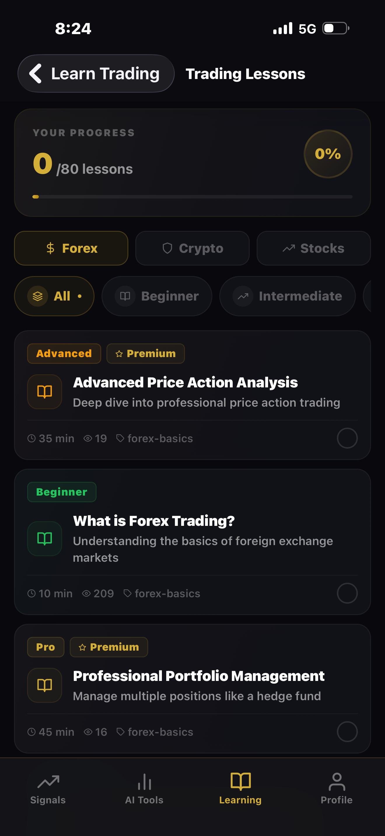Trading education hub with structured forex lessons