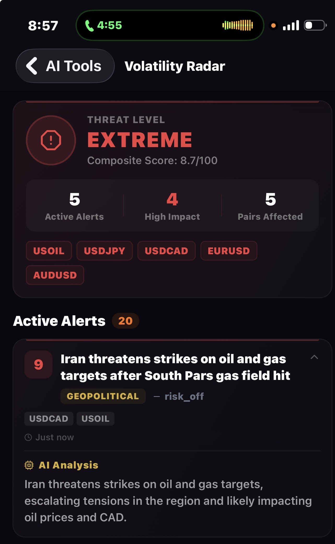 Volatility radar showing market threat levels across pairs